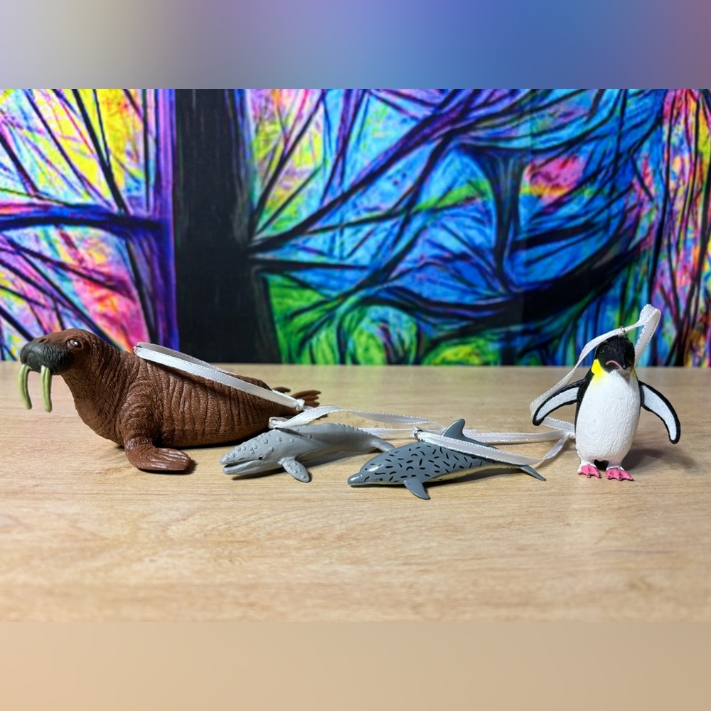 Marine Ocean Sea Life Custom Ornament Set Of 4, Walrus, Dolphin, Whale, Penguin